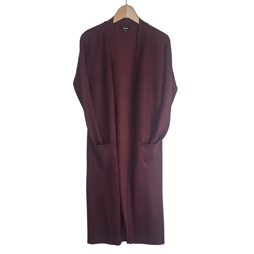 Premise Women's Small Burgundy Longline Open Front Cardigan‎ Sweater Pockets